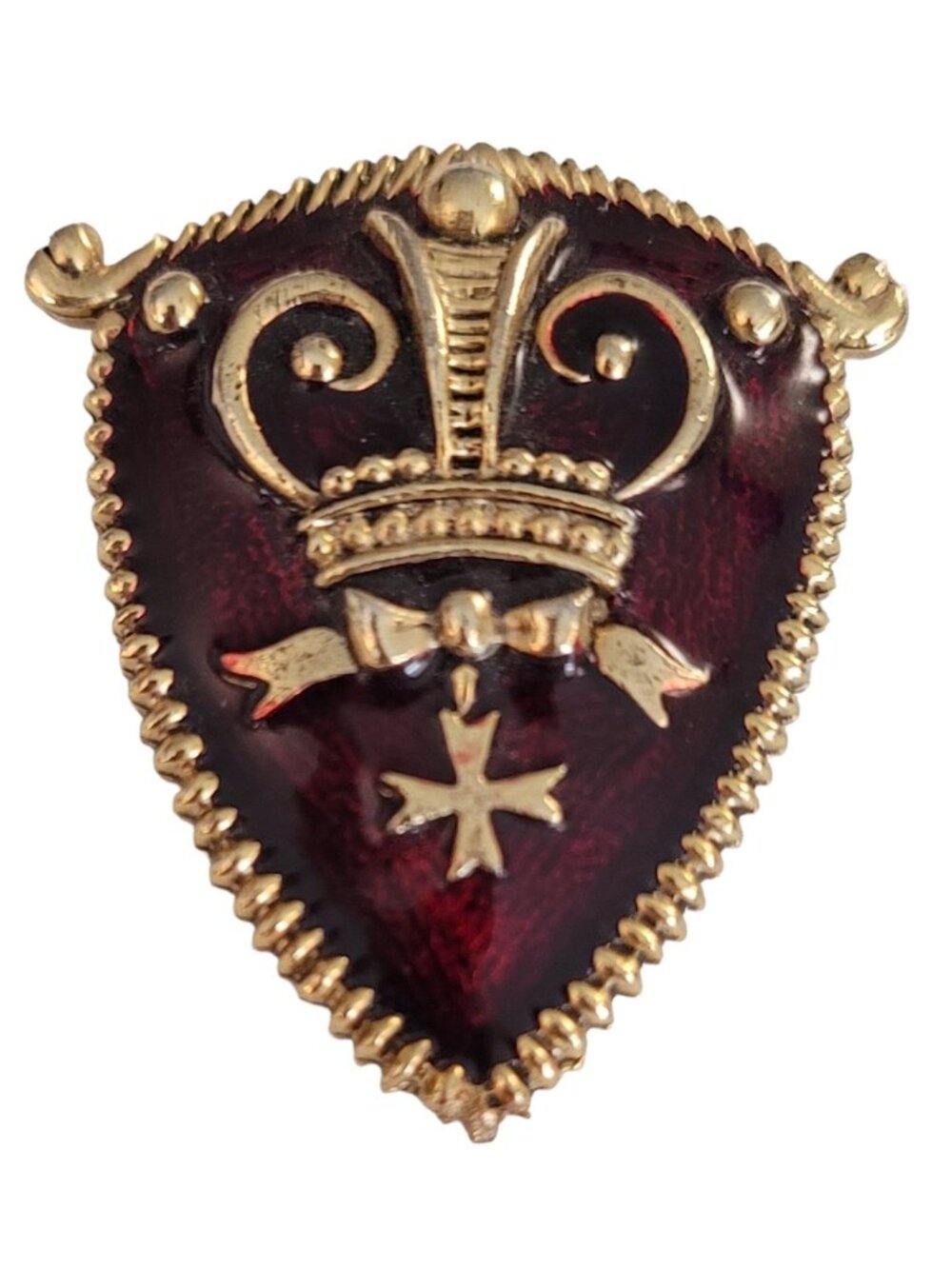 BSK Gold Tone Red Wine Enamel Shield Crown Cross Brooch, Signed K951